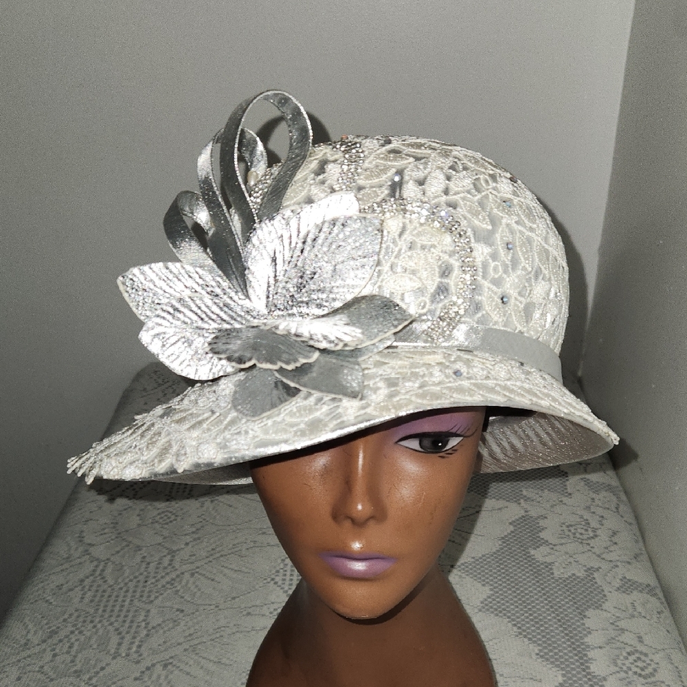 Ivory Lace Church Hat with Silver Floral Accent for Women